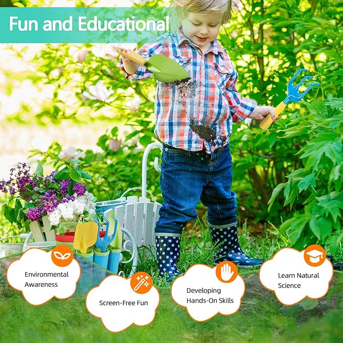FITNATE Green Kids Garden Tools Set,6 PCS Garden Tools Including Watering Can, Shovel, Rake, Fork, Children Gardening Gloves and Garden Tote Bag, All in One Set
