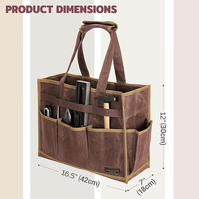Tool Bag, Heavy Duty 16oz Waxed Canvas Water-Resistant Tool Pouches, Tool Tote with Handle for Tools, Wrenches, Screwdrivers (16.5 X 7 X 12 inch) | Brown