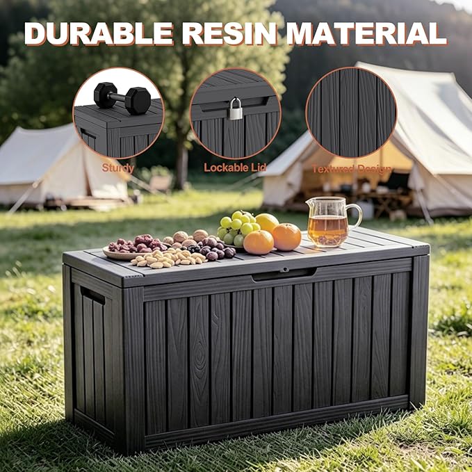 EFU Outdoor Storage Box 80 Gallon Deck Box (Indoor & Outdoor) Lockable UV Resistance Waterproof Resin Storage Bin Storage Box for Outdoor,Patio Storage With Support Rod(Black)