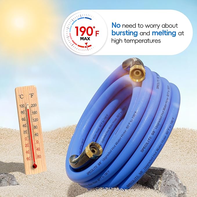 SPECILITE Female to Female Hot/Cold Garden Water Hose 20 ft x 5/8 Inch for Hose Reel, -50℉To 190℉, Heavy Duty, Flexible, Burst 605 Psi, Rubber Extension Pipe with 3/4" Brass Fittings