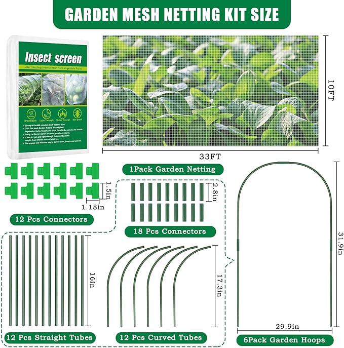 10 X 33 FT Garden Mesh Netting Kit Pest Barrier for Raised Beds, Fruit Tree Netting with 6 Sets Garden Hoops & 12 Clips for Cicadas Bird Insect, Blueberry Bush Netting Cover for Garden Protection