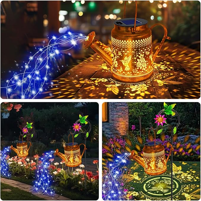 Big Solar Lanterns Outdoor Waterproof, Gift for Mom Grandma Women Wife Daughter Mother's Day, Blue Hummingbird Watering Can Light With Shepherd Hook, Solar Path Light Yard Outdoor Patio Garden Decor