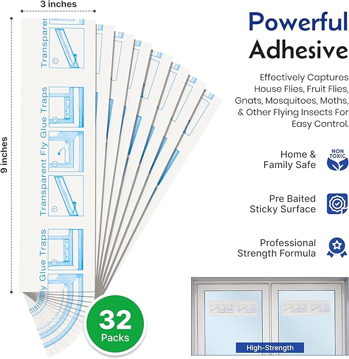 Fly Traps Sticky Window – 32 Pack | Pre-Baited, Odorless Pest Control for Fruit Flies, Gnats, Mosquitoes, and Moths – Effective Indoor Fly Paper Strips