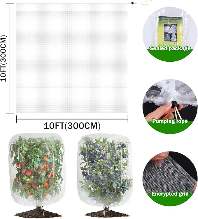 2 PCS Large Fruits Tree Netting Cover for Garden 10 x 10 ft Garden Insect Bird Barrier Plant Netting for Tomato Blueberry Bush Netting Covers Deer Cicada Netting Cover Bag with Drawstring