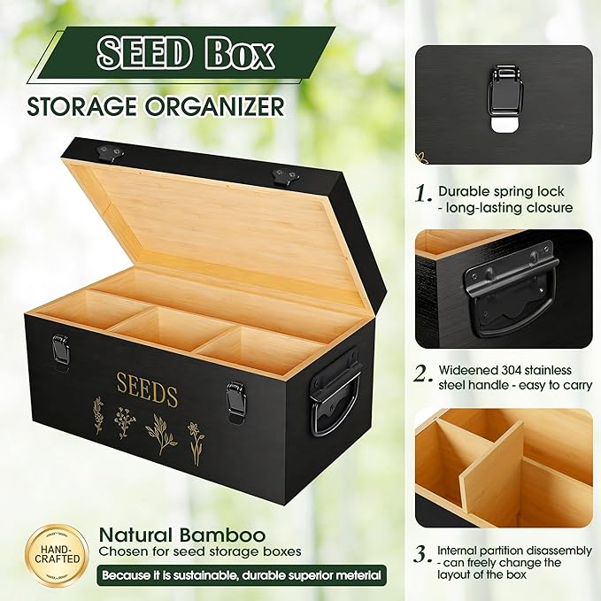 Bamboo Seed Storage Organizer, Large Garden Seed Organizer with Lid & Safety Lock & Handles, Seed Box Includes Seed Envelopes and Labels etc, Great Gifts Gardening Kit (Black)