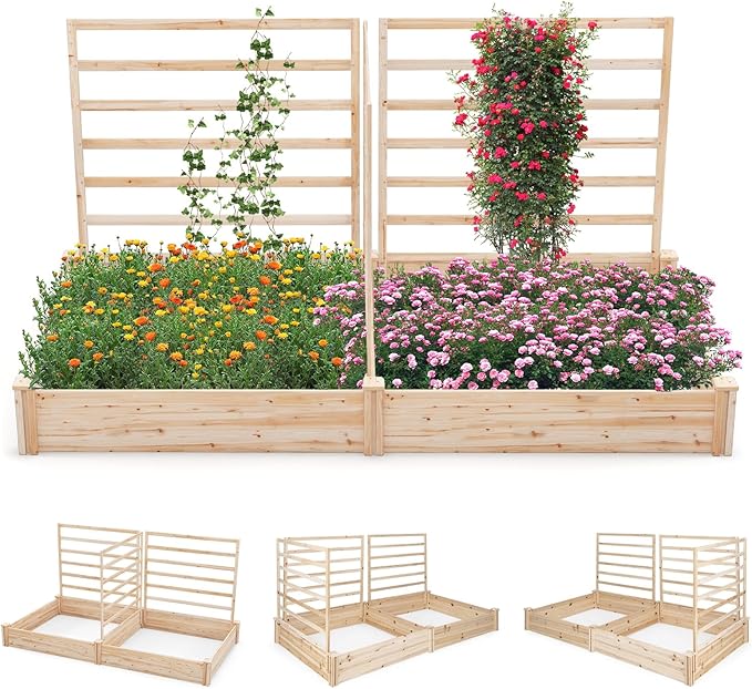 HAPPYGRILL Raised Garden Bed with 3 Trellises, Outdoor Wood Raised Bed w/ 2 Planter Boxes for Flowers, Vegetables, Fruits Climbing Vines, Elevated Garden Box for Yard Patio, 88" L x 45" W x 43" H