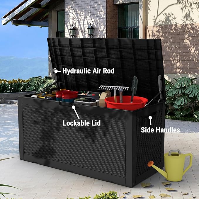 Mars Villa 100 Gallon Deck Box, Large Resin Outdoor Storage Box Waterproof, for Outside Patio Furniture Cushions, Pool Supplies, with Hydraulic Hinge, UV-Resistant and Weatherproof, Rattan Black