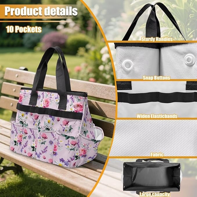 Rose Daisy Garden Tool Bag Portable Gardening Tool Organizer Bag with 10 Pockets and Handle Tool Carrier and Storage for Garden Lawn Yard Casual Camp