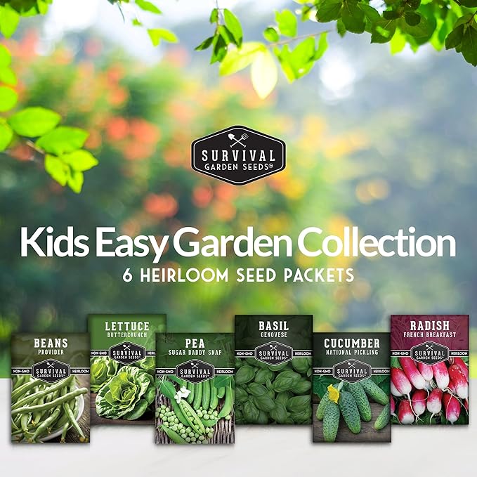 Survival Garden Seeds Kids' Easy Garden Collection - Cucumber, Radish, Beans, Peas, Lettuce, Basil Non-GMO Open Pollinated Seeds for Growing on The Homestead or in The Vegetable Garden