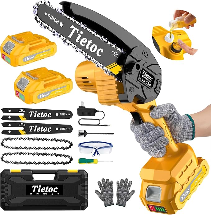 Mini Chainsaw Cordless,6 Inch Portable Electric Chainsaw with 2 Battery 2 Chains,Battery Powered Small Handheld Chain Saw with Automatic Oiler,for Tree Trimming,Cutting Wood,Garden Tool,Gift for Men