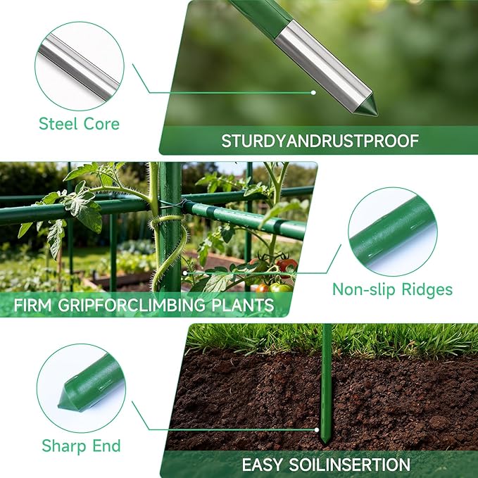 100 Pcs Tomato Stakes 16 Inch Garden Stakes for Outdoor Plants Support Plastic Coated Metal Plant Stakes Supports for Climbing Potted Plants with 50 Connectors 50 Rotatable Clips 165 Ft Twist Tie