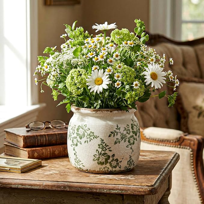 Vintage Planter Large Ceramic Plants Pot Green Beige Vintage Ditsy Ice Crack Cottage Scroll Vase Flower Vase Pot Indoor Plants Home Kitchen Decor Farmhouse Antique Decorative Gifts