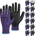 KAYGO Work Gloves for Men and Women,12 Pairs Seamless Knit PU Coated Safety Gloves, with Smooth Grip on Palm and Fingers, Ideal for Light Warehouse, Manufacturing, Gardening, KG11P (M, Purple)