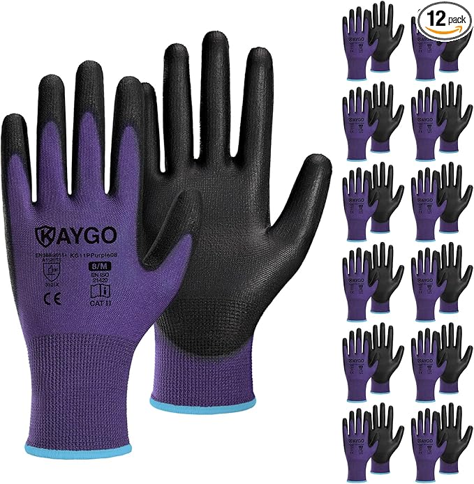 KAYGO Work Gloves for Men and Women,12 Pairs Seamless Knit PU Coated Safety Gloves, with Smooth Grip on Palm and Fingers, Ideal for Light Warehouse, Manufacturing, Gardening, KG11P (M, Purple)