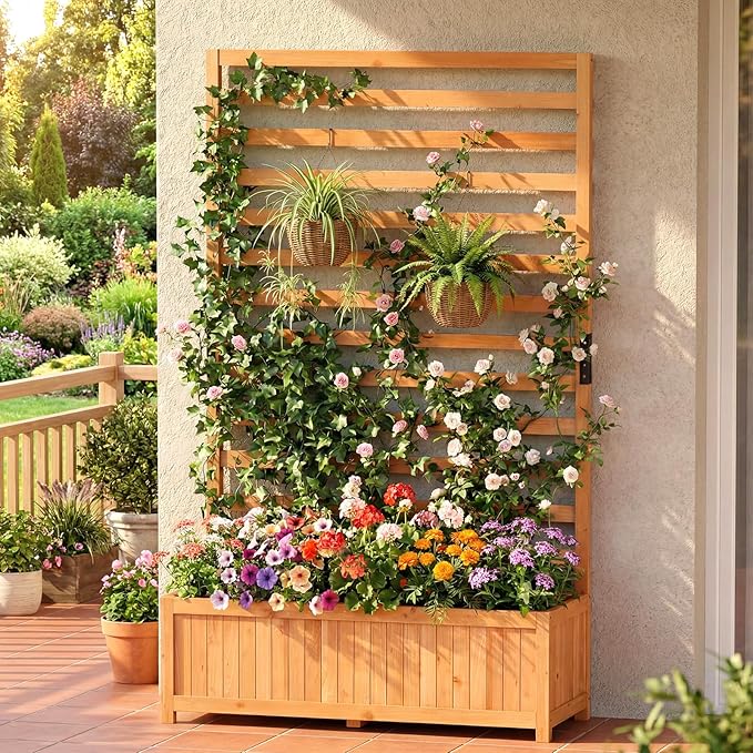 Giantex Set of 2 Raised Garden Bed with Trellis, 59” Tall Planter Box with Liner, Drainage Gaps for Climbing Vine Vegetable Flower, Indoor Outdoor Freestanding Privacy Screen for Porch Patio Yard