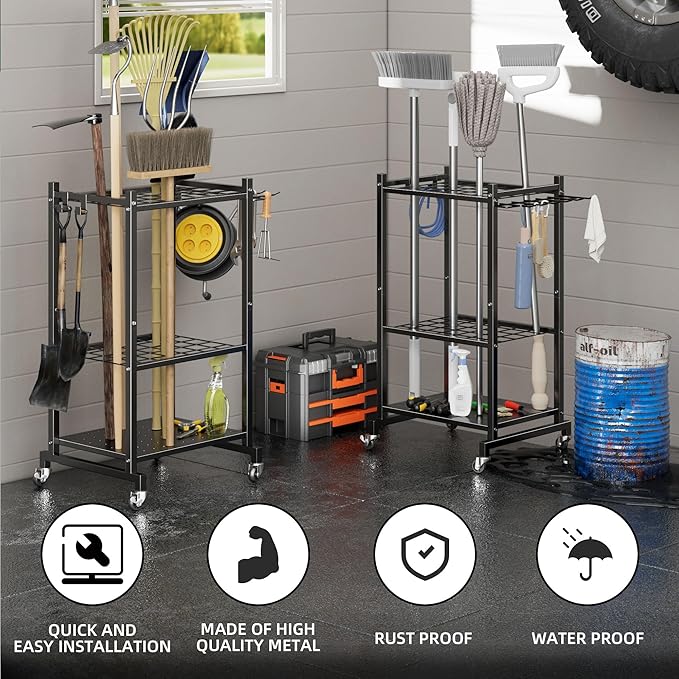 Garden Tool Organizer Stand with Wheels,Yard Tool Organizer for Garage with 2 Hooks, Rack Up to 42 Tools,Broom Holder & Garden Tool Rack for Shed, Patio, Outdoor Use