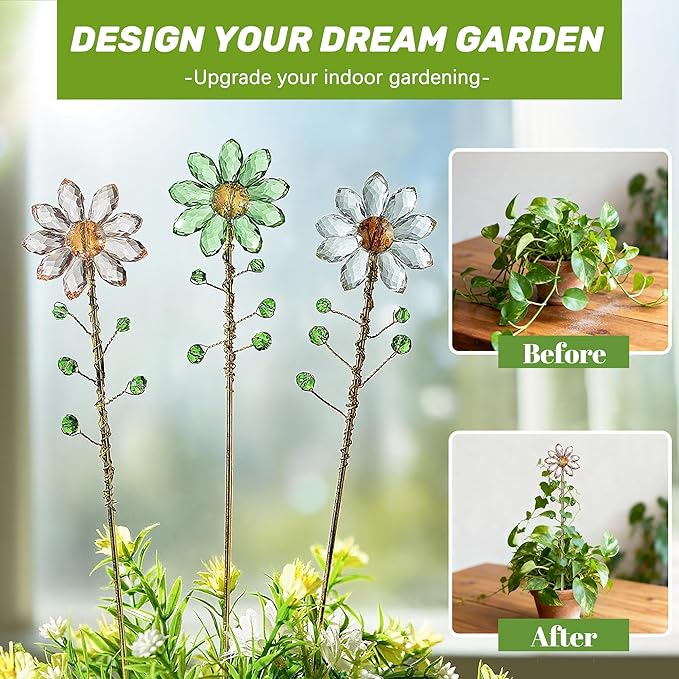 H&D HYALINE & DORA 3 Pcs Crystal Sunflower Suncatchers with 13'' Gold Trellis Metal Plant Stake for Indoor Outdoor Garden Potted Plants Decorations Plant Lover Gift(Clear, Green, Pink)