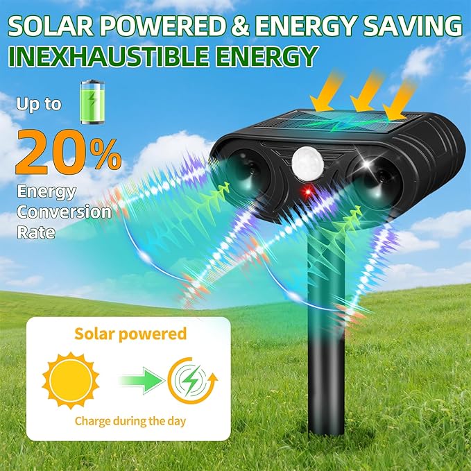 2026 Upgraded Solar Ultrasonic Animal Repellent Deer Repellent Devices Cat Deterrent Outdoor with Motion Sensor Dog Deterrent Keep Raccoon Squirrel Skunk Rabbit Away from Yard Lawn Garden 2 Pack