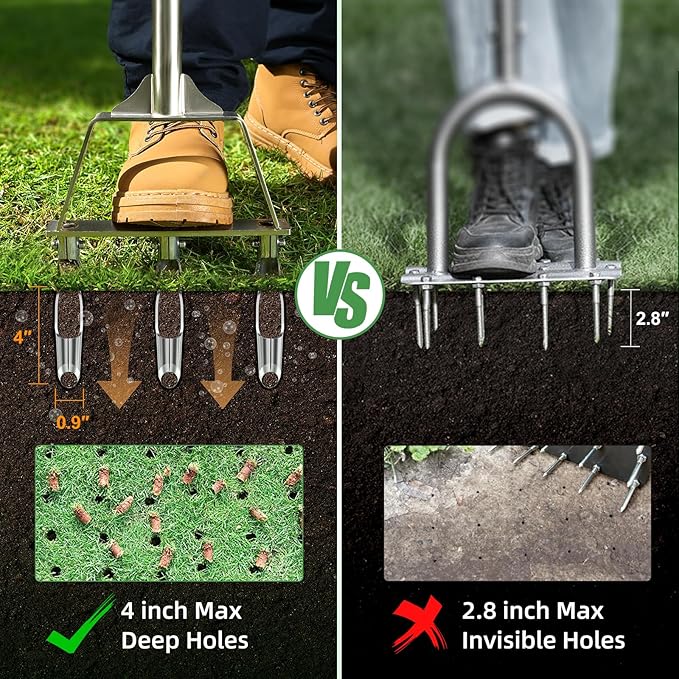 Manual Core Aerator Lawn Tool - Lawn Aerator Tool with 3 Hollow Tines, Semi-Assembled Grass Aerator Core Aeration Tool for Lawn, Yard Plug Aerator for Lawn Care Compacted Soil - Orange