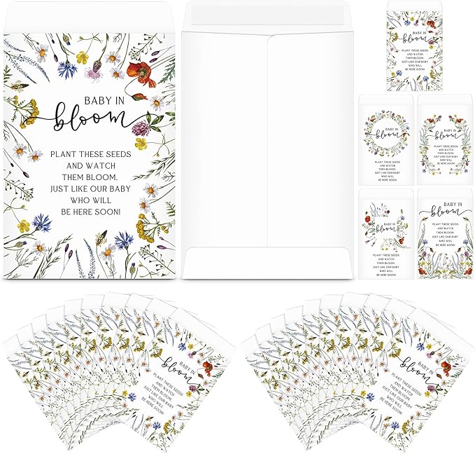 Fumete 50 Pcs Baby in Bloom Seed Packet Favors Baby Shower Wildflower Kraft Self Adhesive Envelopes Mini Organizer for Garden Office Gift Party Favors, No Seeds, 5 Styles