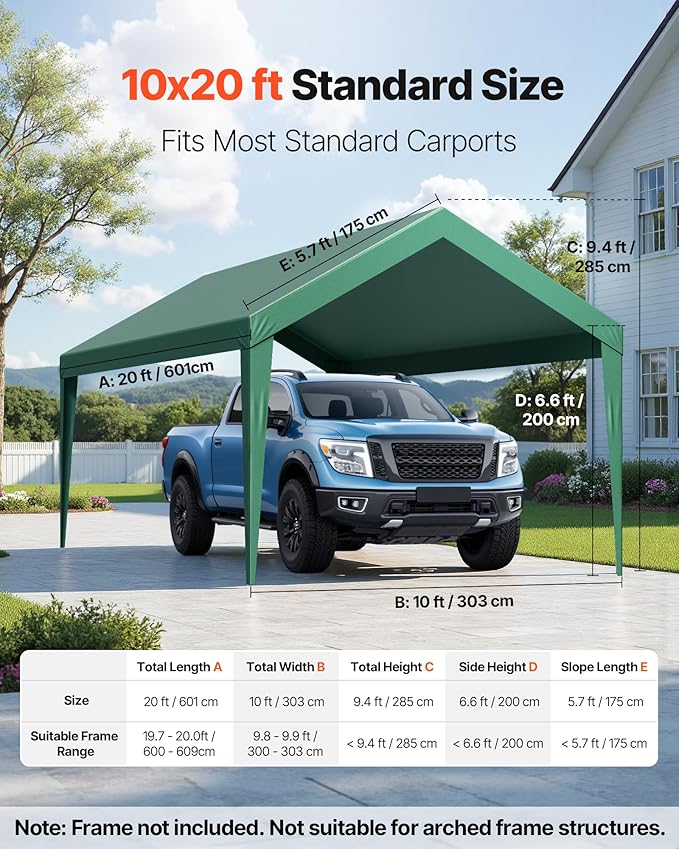 VEVOR Carport Replacement Canopy, 10 x 20 ft Potable Garage Tent Top Tarp, UV-Resistant & Waterproof Car Shelter Tarp, Heavy Duty Car Port Cover with Ball Buggees, Dark Green, Frame Not Included