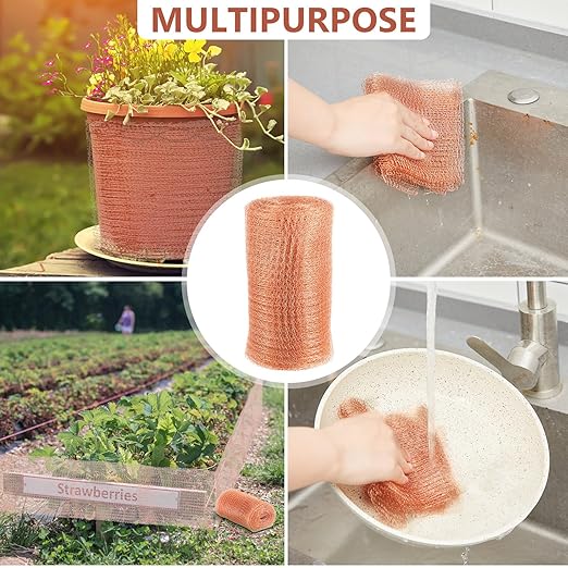 Gisafai 8'' x 150 ft Copper Mesh Rodent Control Copper Wool for Slugs Rustproof DIY Hole Filler Pure Wire Mesh for Bat Snail Bird Pest Rodent Control Gap Blocker Fill Fabric Hole Gardening(1 Roll)