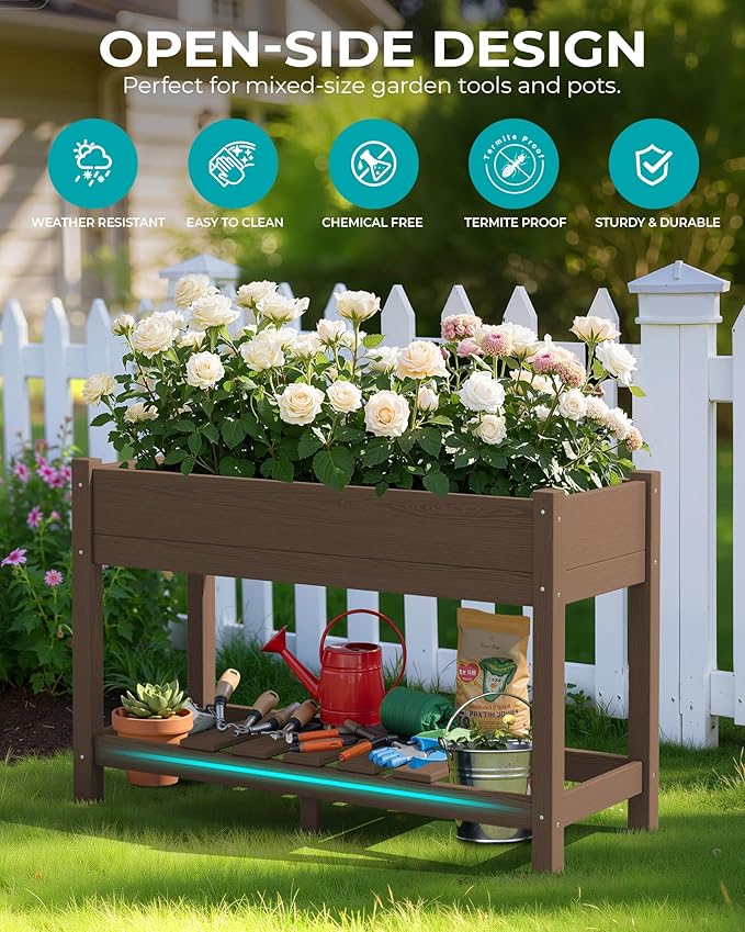 SERWALL Raised Garden Bed with Legs, 43"×17"×30" Large HDPE Elevated Planter Box for Vegetables Flower Herb Patio, All Weather Use- Brown