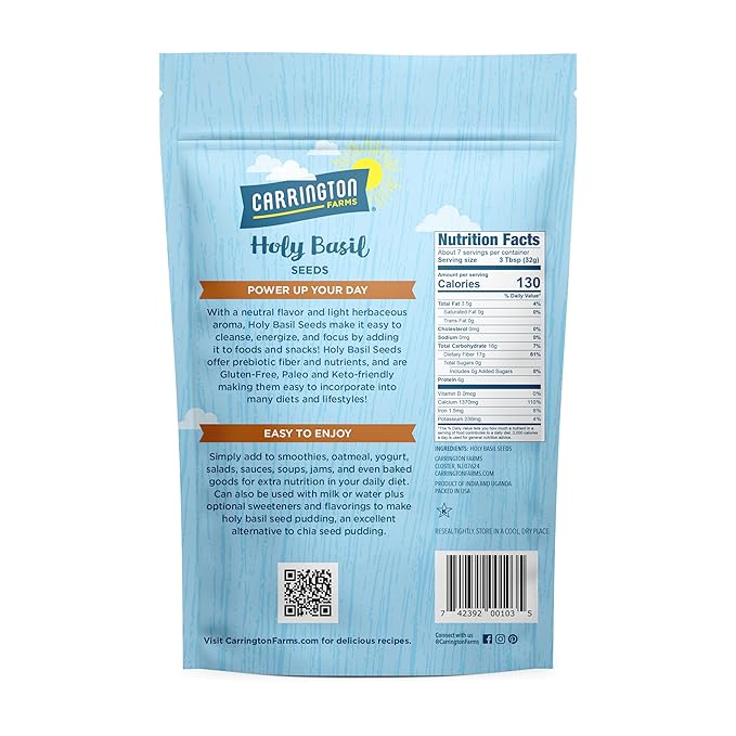Carrington Farms Holy Basil Seeds – Gluten Free, Paleo, Keto, High Fiber Seeds – Plant-Based, Calcium-Packed, Daily Nutrition Boost, 8 ounce