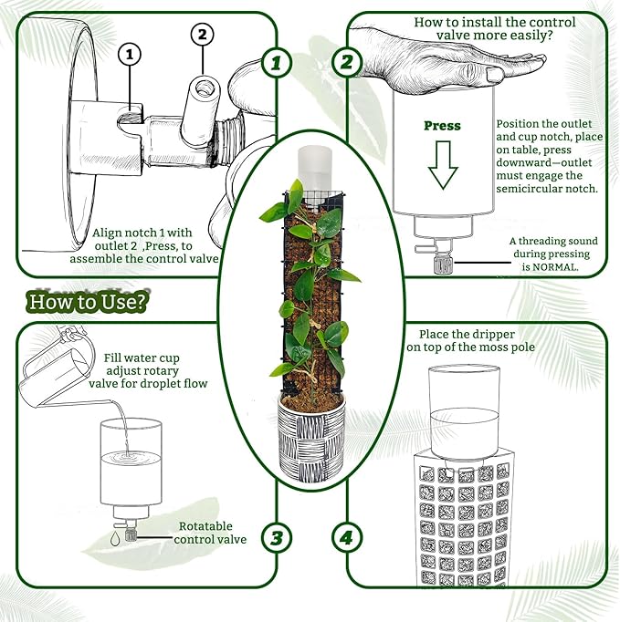 Adjustable Moss Pole Watering Dripper Pro - Self Watering Planter Insert with Flow Control, Plant Watering Globes & Devices, Slow-Release Self Watering Spikes for Monstera/Epipremnum (4, White)