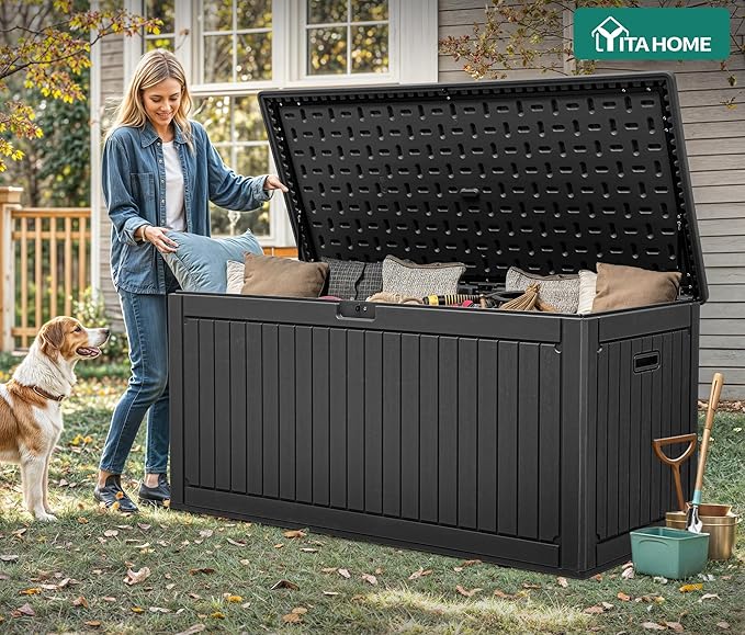 YITAHOME 260 Gallon Double-Wall Deck Box with Divider & Side Handles, Outdoor Large Storage for Patio Furniture Cushions, Garden Pool Accessories, Water Resistant & Lockable