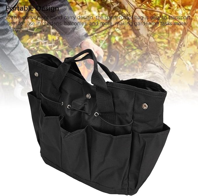 Garden Tool Organizer, Heavy Duty Oxford Cloth with Multiple Pockets Garden Tool Caddy, Storage Bag with Elastic Straps and Rainproof Design for Men and Women (Black)