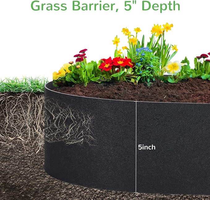 A ANLEOLIFE Black Plastic Garden Landscape Edging, 5” Tall Border Coil, Flexible and Strengthened with Anti-UV Treatment (20ft with 6pcs Stakes)