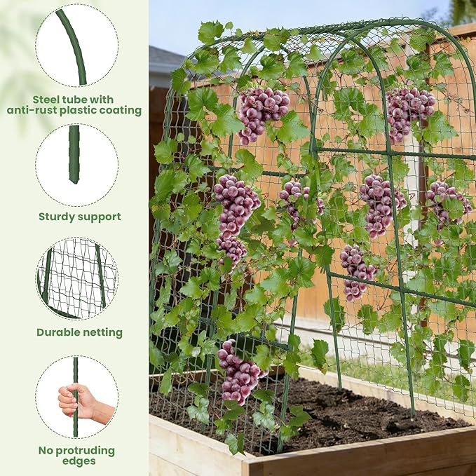 Cucumber Trellis, Metal Garden Arch Trellis for Raised Bed, 32 x 48inch U-Shape Garden Trellis for Climbing Plants Outdoor, Vegetables Fruit Plant Support with Netting, Gardening Supplies (Green)