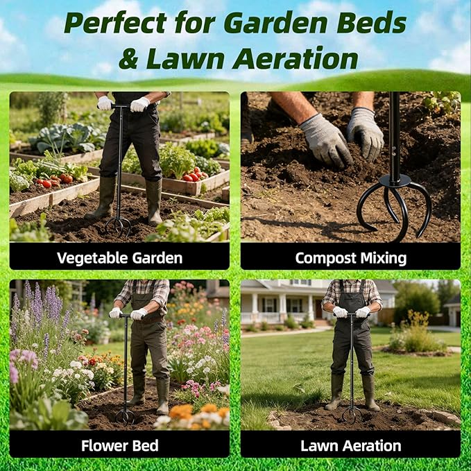 Amorest Heavy Duty Hand Tiller for Gardening, Long Handle Garden Claw Twist Tiller, Manual Soil Cultivator & Lawn Aerator for Raised Beds & Vegetable Garden – Powder-Coated Steel, Rust Resistant
