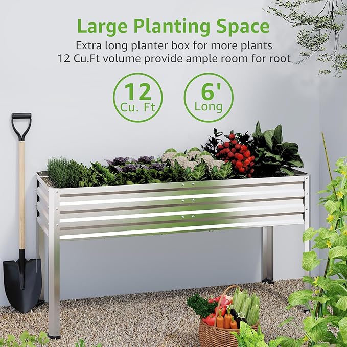 6x2x1ft Large Raised Garden Bed with Legs Galvanized Outdoor Elevated Planter Box Stand Up Metal Flower Beds for Patio