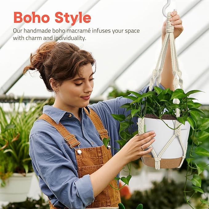 White Hanging Self Watering Pots with Macrame Ivory Rope, 3 Pack Indoor & Outdoor Hanging Plant Pots with Built-in Reservoir, Wick Rope, Drainage Holes & Hooks, Stylish Boho Decor Hanging Planter