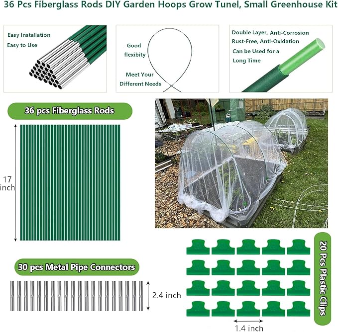 Garden Hoops for Raised Beds, 36pcs Greenhouse Hoops Grow Tunnel, 6 Sets 8ft Rust-Proof Fiberglass Frame for Garden Netting, Row Cover, Shade Cloth, Protecting Outdoor Plants