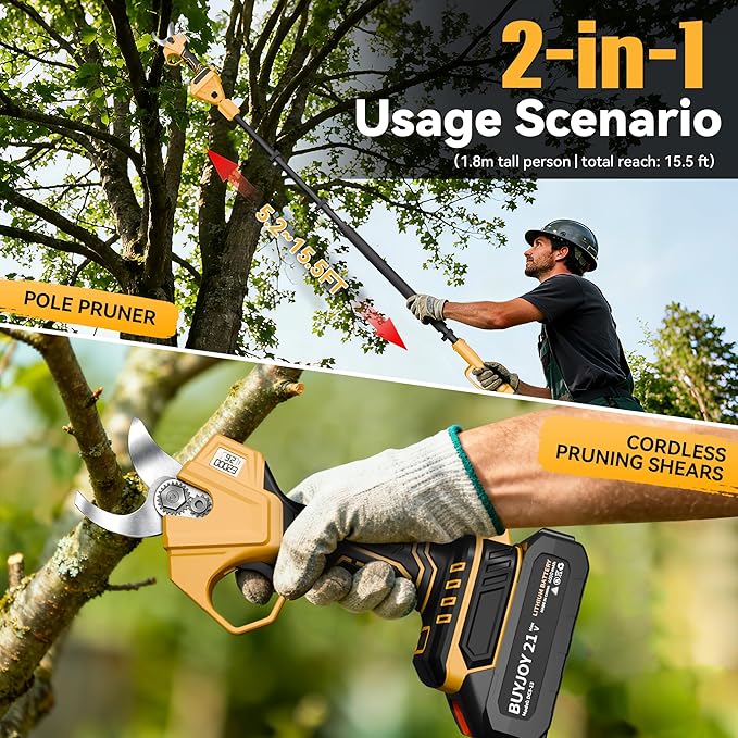 2-in-1 Pole Pruning Shears, 1.6" Cutting Diameter Cordless Electric Pole Pruners - Brushless Motor, 2x4.0Ah Batteries, Extra SK5 Blade, 4 Modes Adjustable Branch Cutter for Garden & Flower (Yellow)