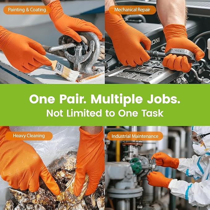 TREEGO 10 Mil Nitrile Gloves XL - Heavy Duty Orange Gloves with Double Diamond Grip, Disposable Mechanic Rubber Gloves, Latex Free Industrial Work Gloves for Garage & Automotive, 50 Count Extra Large