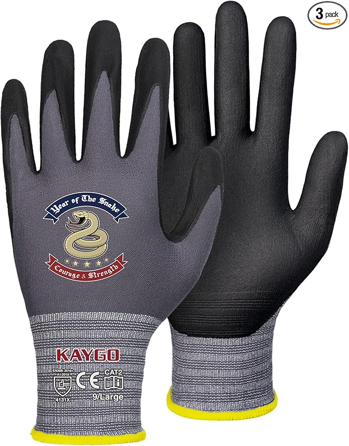 KAYGO Safety Work Gloves MicroFoam Nitrile Coated, 3 Pairs KG18NB,Seamless Knit Nylon Glove for Men and Women, Ideal for Automotive,Warehouse,Construction (L,Gray)