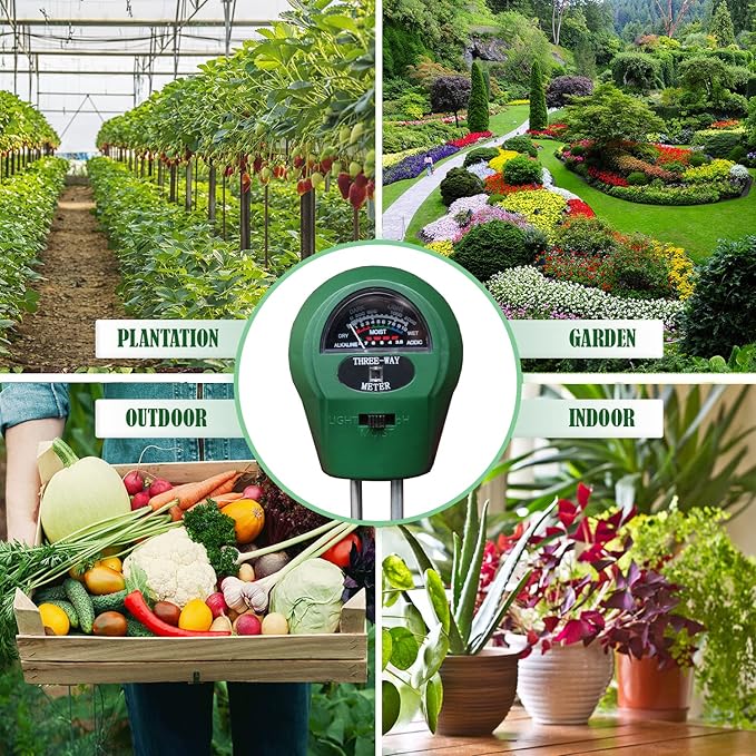 3-in-1 Soil Tester. Soil pH Meter + Moisture Meter +Light Tool for Garden Farm Lawn houseplants Indoor & Outdoor (No Battery Needed) Test Kit for Garde (3 in 1 New)