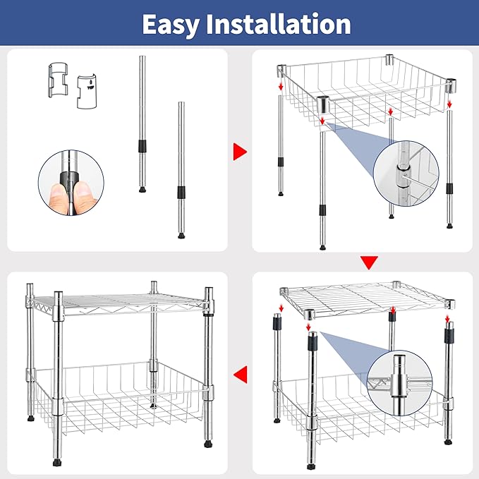 Simple Deluxe 2-Tier Shelving Unit, 15" W x 13.8" D x 15" H Wire Metal Stackable Storage with Basket, Chrome, 2 Pack
