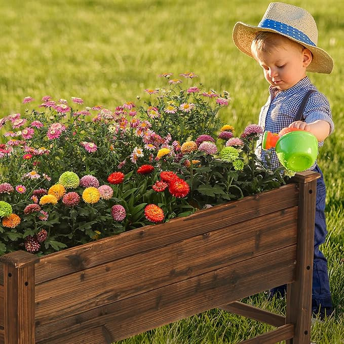 Raised Garden Bed 41x21x20-inch Mobile Elevated Wood Planter Lockable Wheels, Outdoor Wood Elevated Planter Box Kit Customized for Children（Brown）