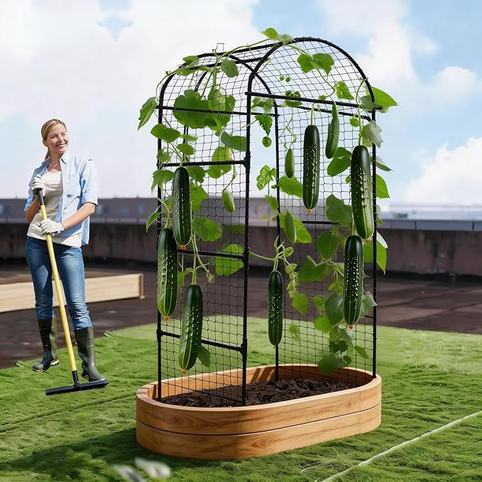Garden Arch Trellis for Climbing Plants Outdoor, 6.73 ft x 2.62 ft x 2.95 ft Cucumber & Melon Trellis for Raised Beds, u-Shape Plant Support for Climbing Vegetables, Grapes & Roses, Black