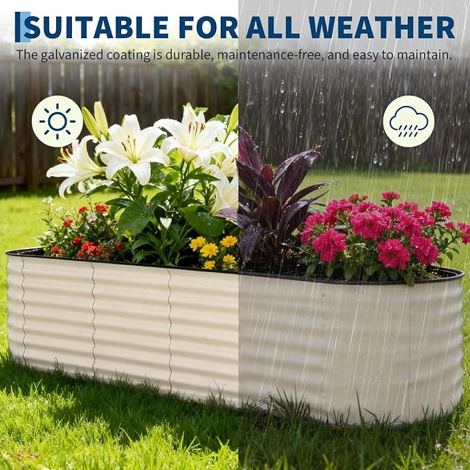 Garvee 2 Pack 8x2x1.5ft Galvanized Raised Garden Bed Kit, Oval Metal Planter Boxes with Anti-Cut Safety Edges, Rust-Resistant Deep Root Planters for Outdoor Vegetables, Flowers, Herbs, Beige
