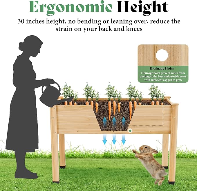 AMERLIFE Raised Garden Bed, 48x30x24 Inches Elevated Wood Planter Box with Bed Liner, Legs, Divider, Drainage Holes, Stand for Backyard, Patio, 200 Lb Capacity - Light Wood