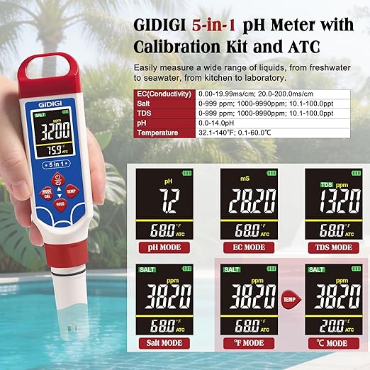 5 in 1 Digital pH Meter TDS EC Temp. Salinity Tester, Update Color Screen Pool Salinity Meter with Calibration Kit, Hydroponic pH Reader with Reset Function for Aquarium Reef Tank Cooking water
