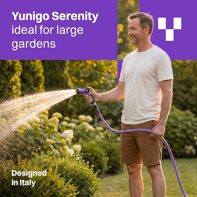 SERENITY 50ft Flat-to-Round Purple Garden Hose – Lightweight, No-Kink, Abrasion-Resistant TPV Hose with Durable Aluminum Fittings, Spray Nozzle & Hose Mender, Ideal for Home & Garden Watering