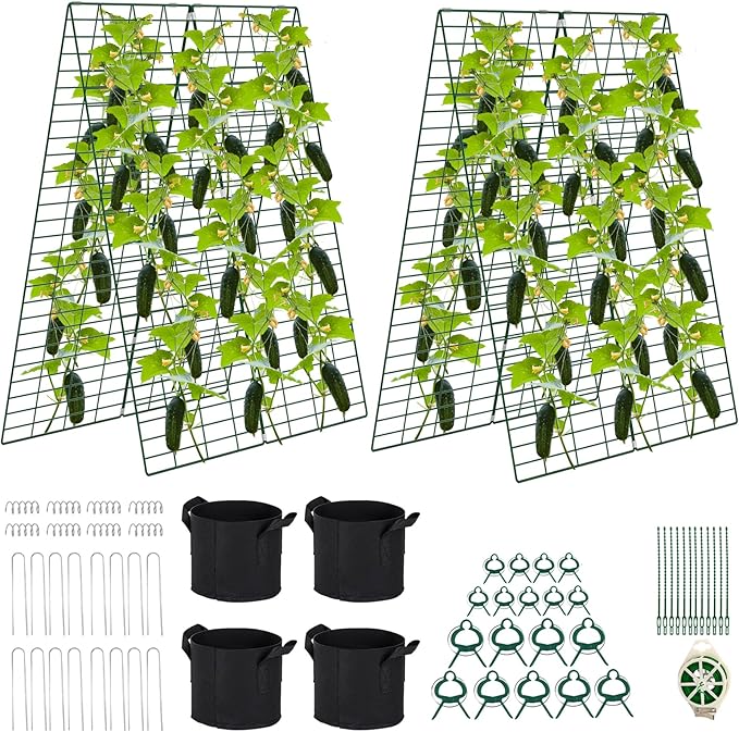Foldable Cucumber Trellis 2 Pack, 48" L x 34" W A-Frame Trellis, Climbing Plants Support Raised Bed Trellis with Twist Ties & Plant Bags for Outdoor Yards Gardens