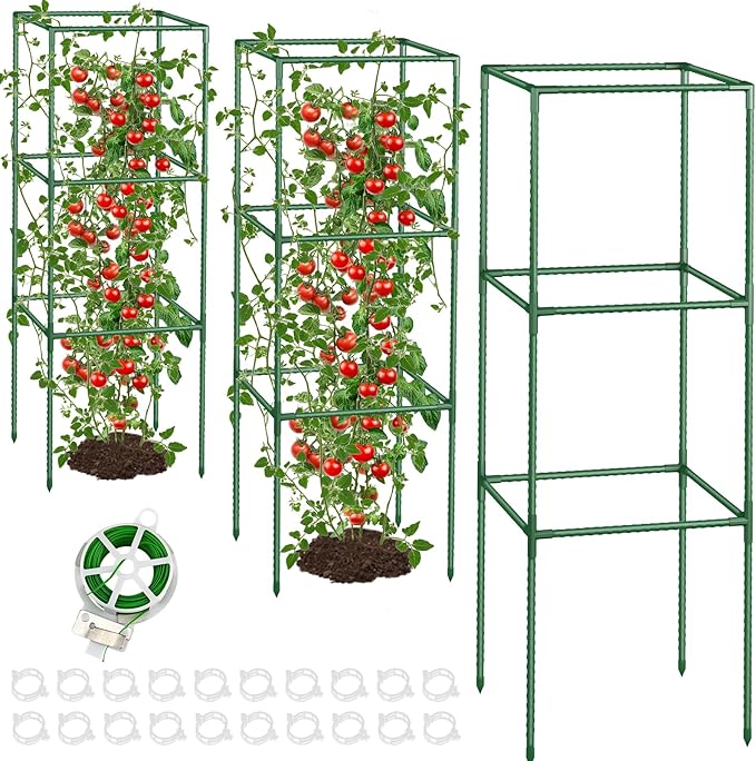 3 Pack Tomato Cages with Clips & Garden Wire, Outdoor Heavy Duty Square Tomato Plant Support Trellis for Climbing Vegetables, Flowers, Fruits, Garden (41.5 Inch)